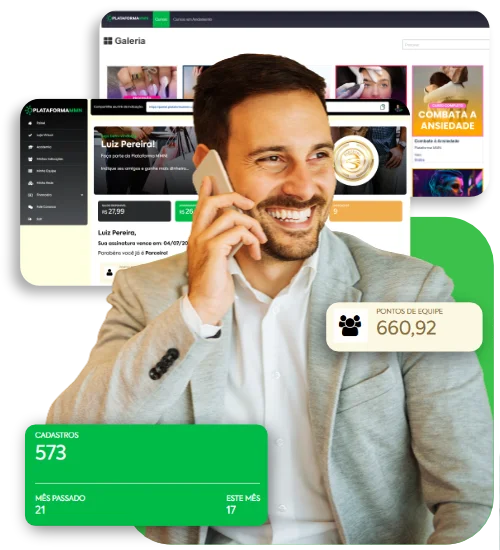 Homem de negócios sorrindo com várias telas ao redor dela